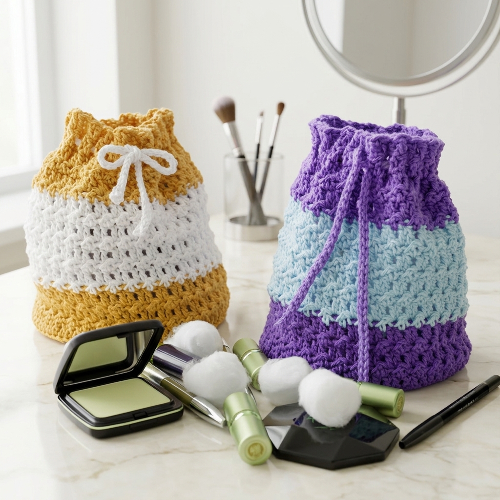 Mustard yellow and white pouch next to a purple and ice blue crochet makeup bag pattern on marble.