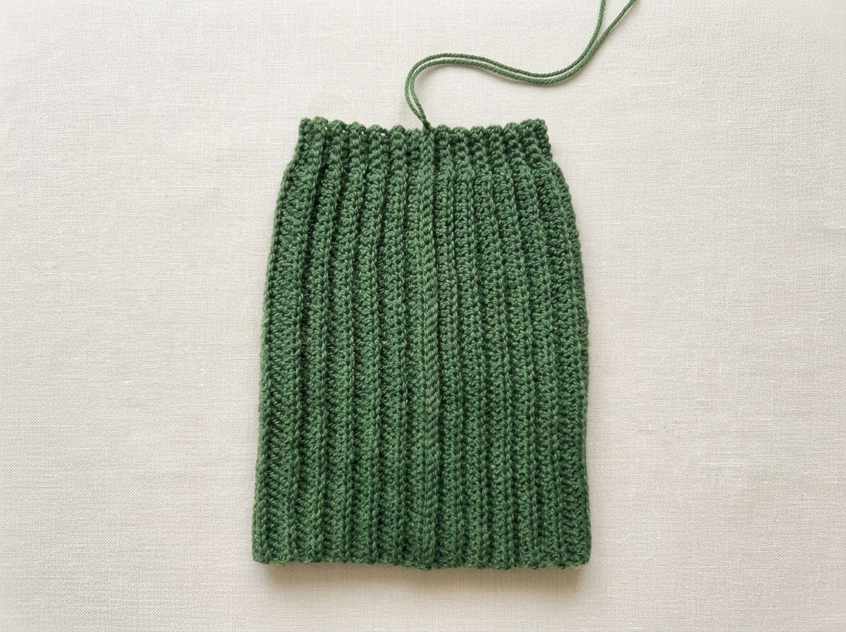 Seamed forest green crochet ribbed beanie tube laid flat with the 25 cm yarn tail positioned at the narrower crown top