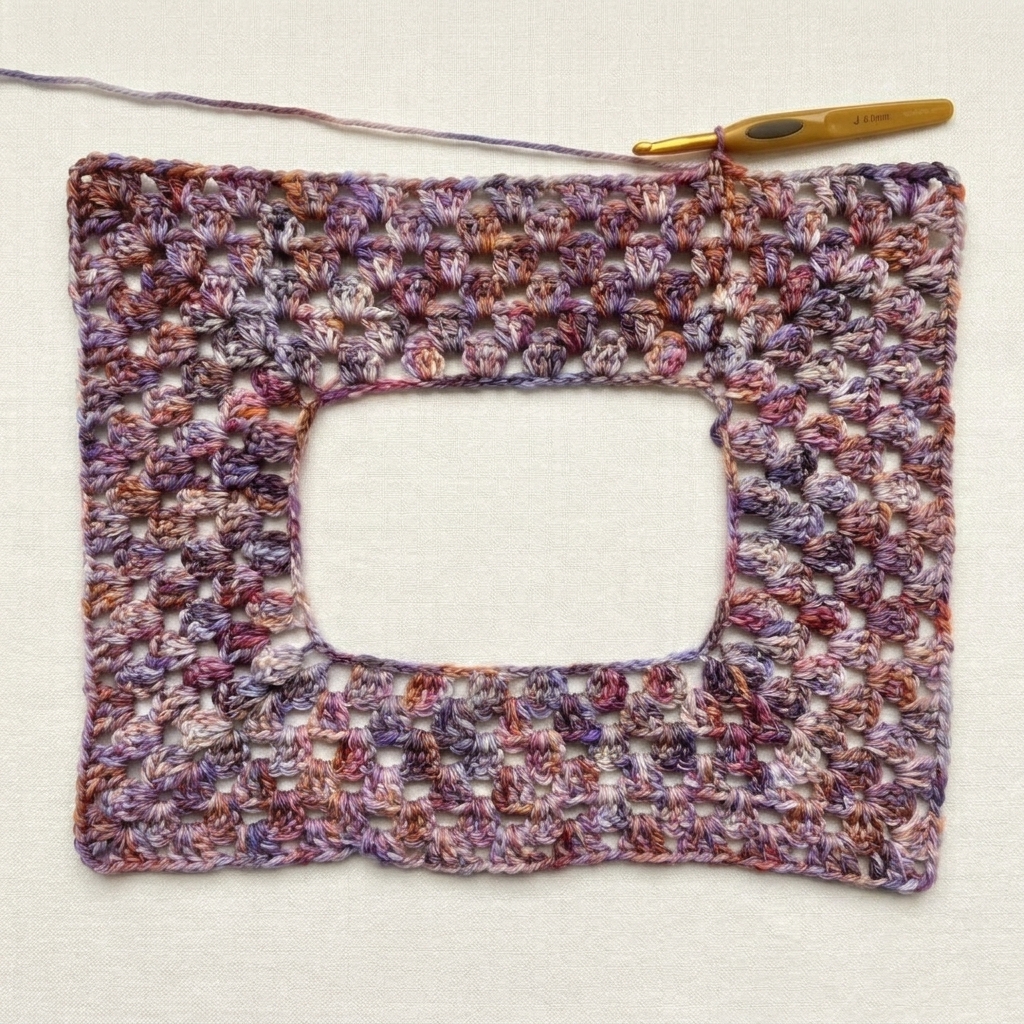 Completed six-round variegated purple and amber rectangular raglan yoke for the crochet shrug bolero