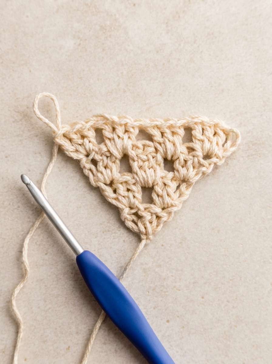 Row 4 of crochet bandana pattern showing four granny clusters and blue aluminum crochet hook