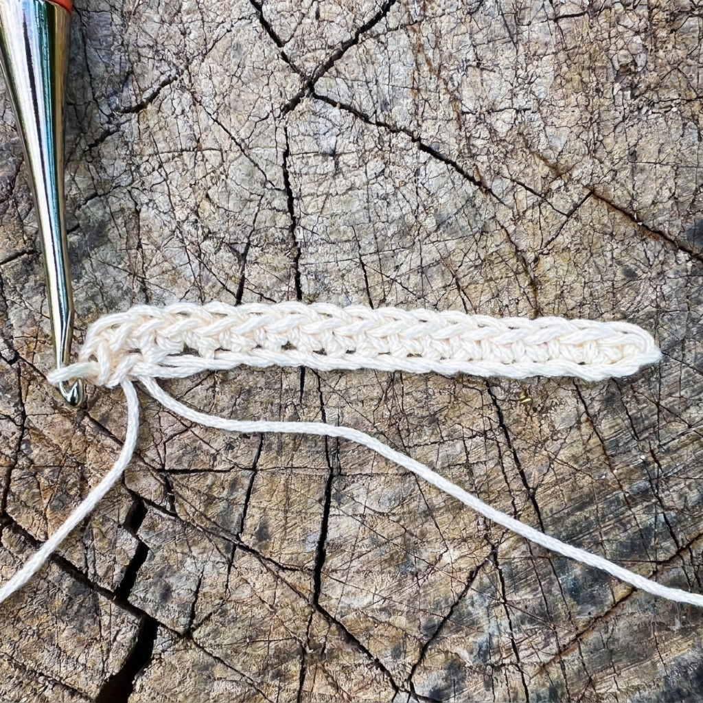 Step 2 of crochet phone pouch pattern base showing single crochet across and 3 sc in last chain