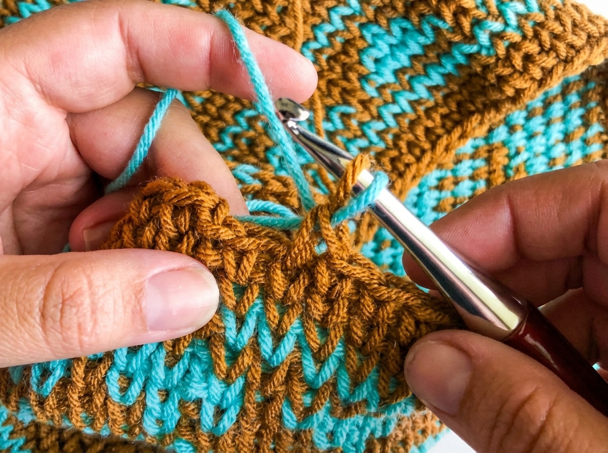 Step by step tapestry crochet color change tutorial for the crochet crossbody bag pattern pulling turquoise yarn through two brown loops