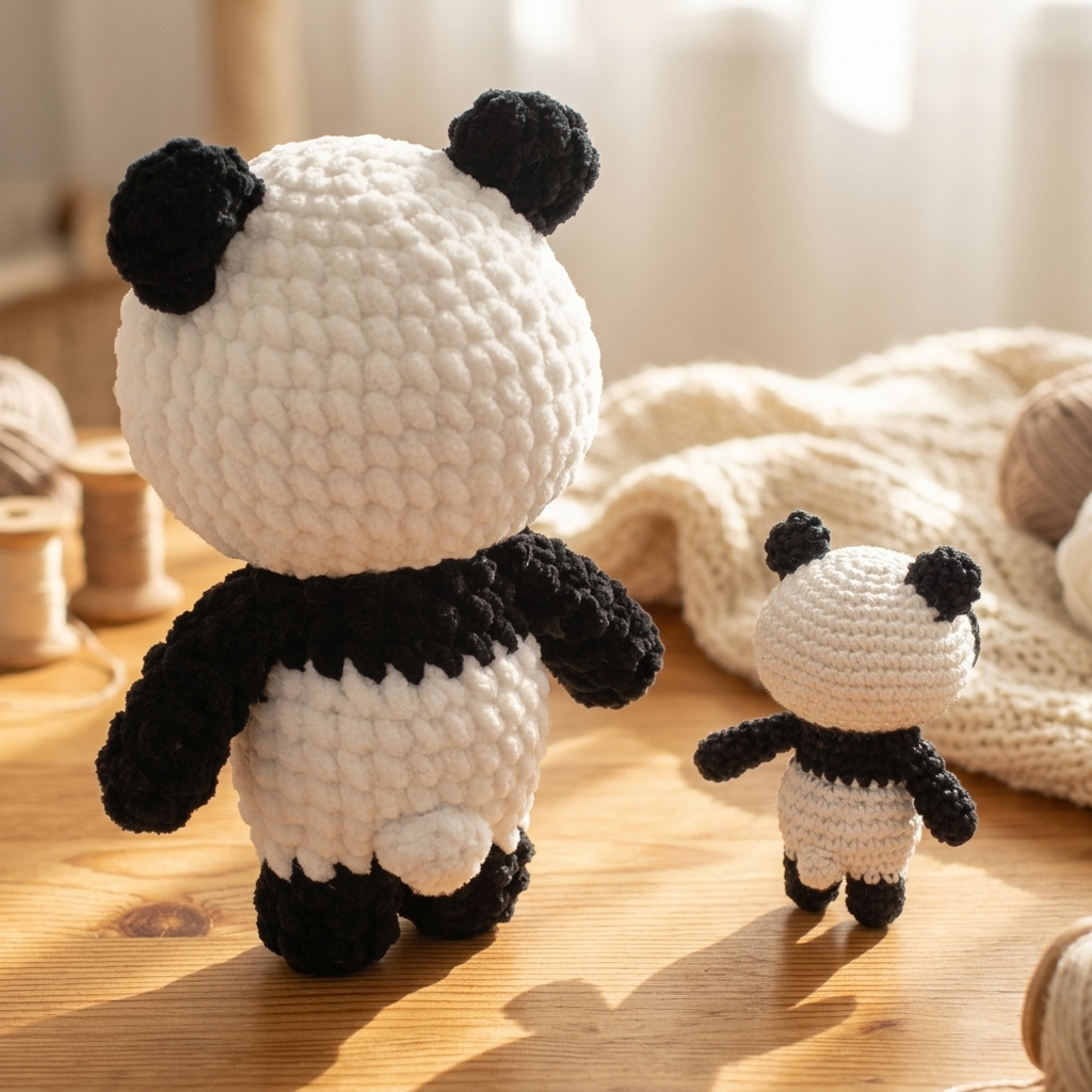 Back view of the crochet panda bears showing ear position and small white tail