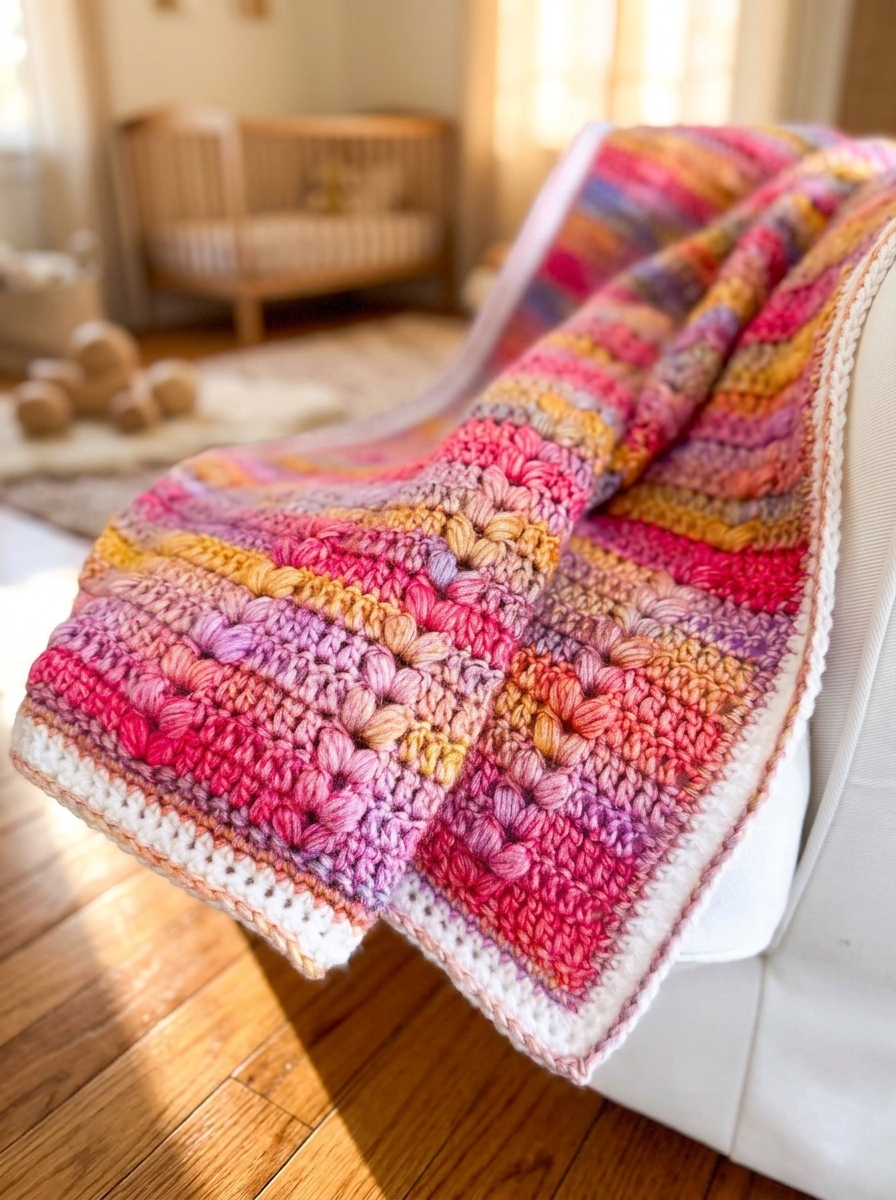 Close up of the white half double crochet border and slip stitch edging on the puff stitch crochet blanket