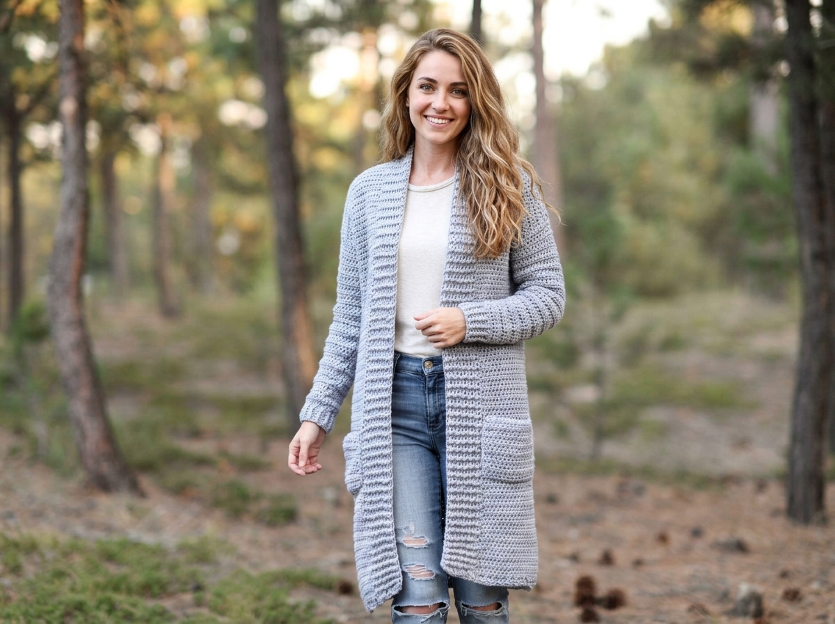 Heather grey long Autumn Duster with pockets from our crochet cardigan patterns