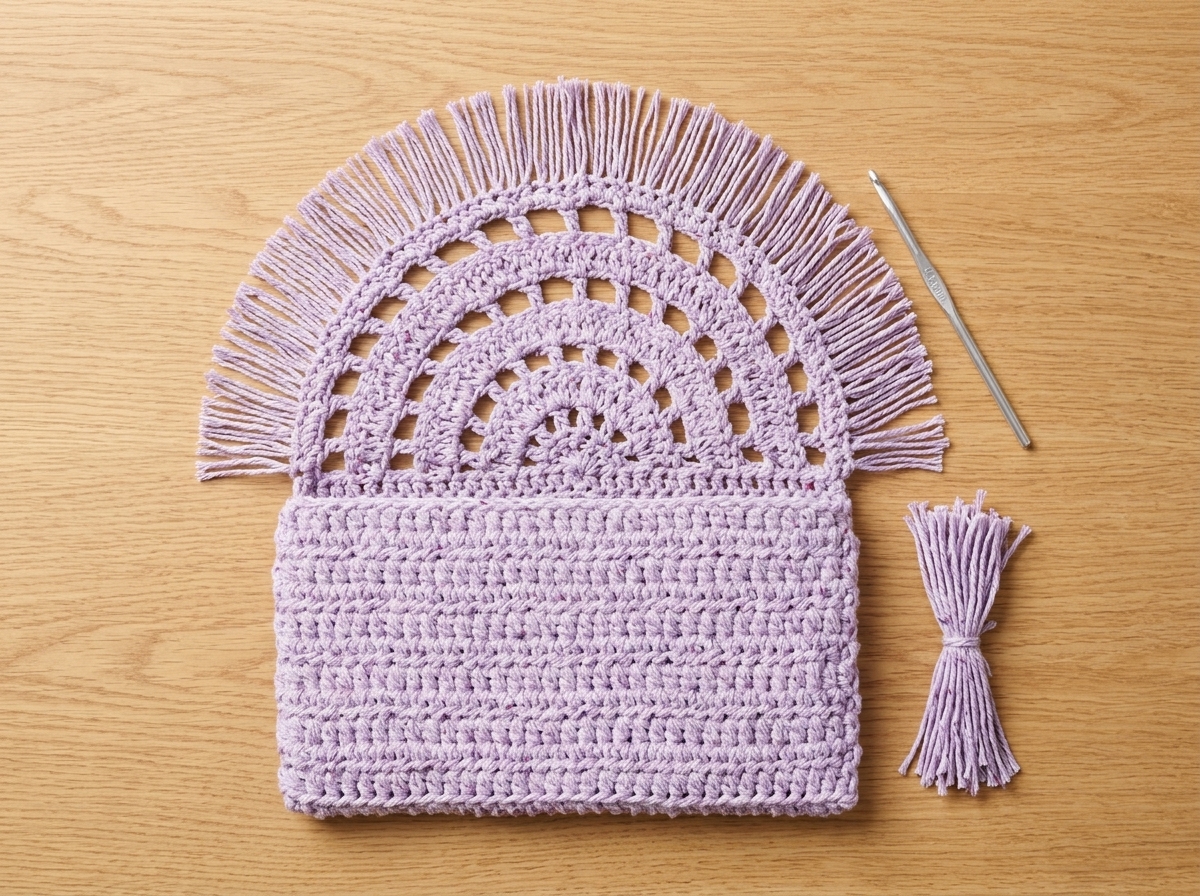 Attaching 12 cm lavender fringe strands along the curved semi-circle flap of the crochet clutch bag pattern.