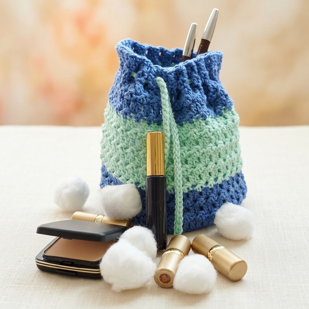 Close-up of the pebbled stitch texture on the blue and mint crochet makeup bag pattern with cosmetics.