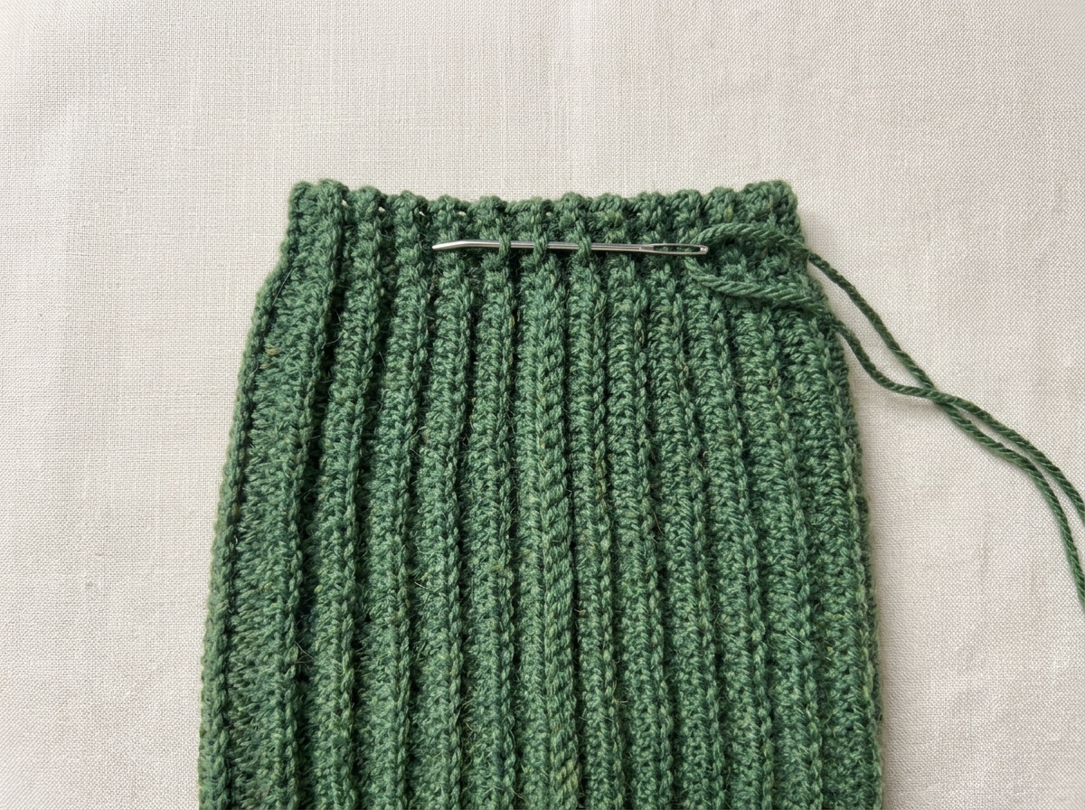 Bent-tip steel yarn needle weaving through every other single crochet rib along the top crown of the crochet ribbed beanie