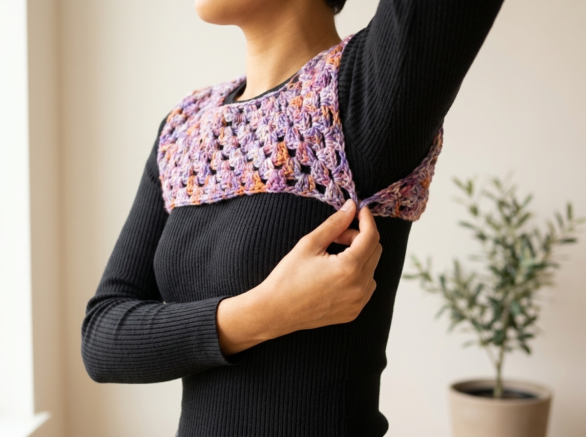 Checking armhole fit on the crochet shrug bolero yoke by pinching the front and back corners together under the armpit