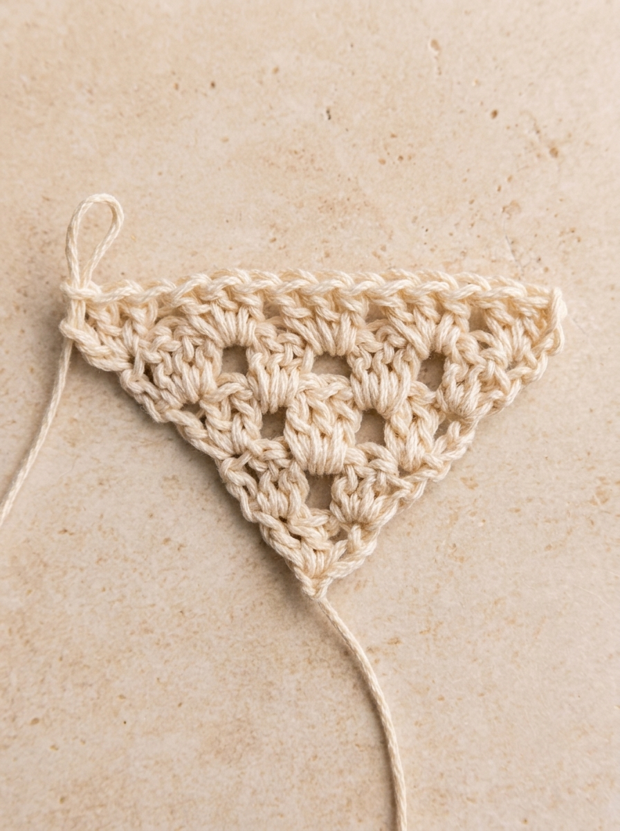 Row 5 of crochet bandana pattern showing five granny clusters forming an even triangle