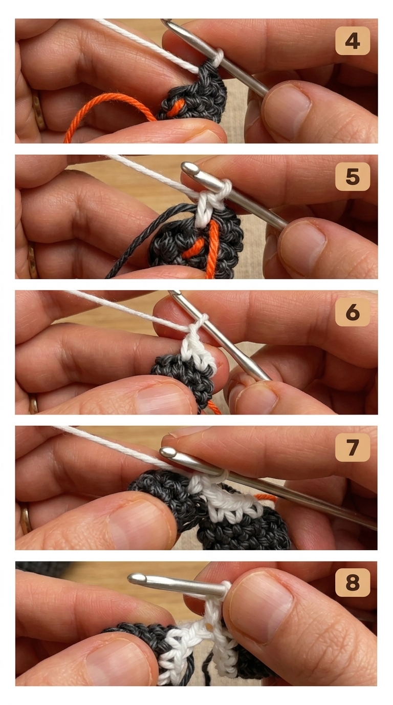 Photos 4 to 8 showing how to crochet two panda legs together with white yarn and a chain stitch