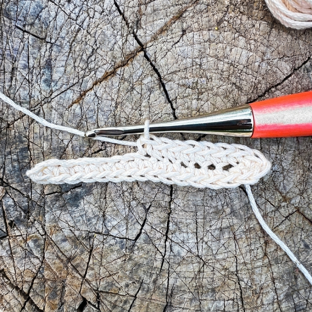 Step 3 of crochet phone pouch pattern base working single crochet along opposite side of chain