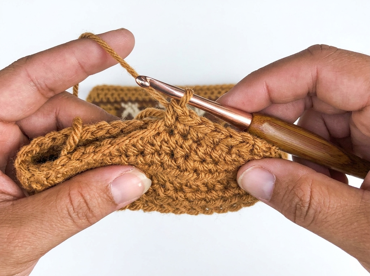 Step by step photo for the crochet crossbody bag pattern showing how to single crochet through both bottom layers to close the base