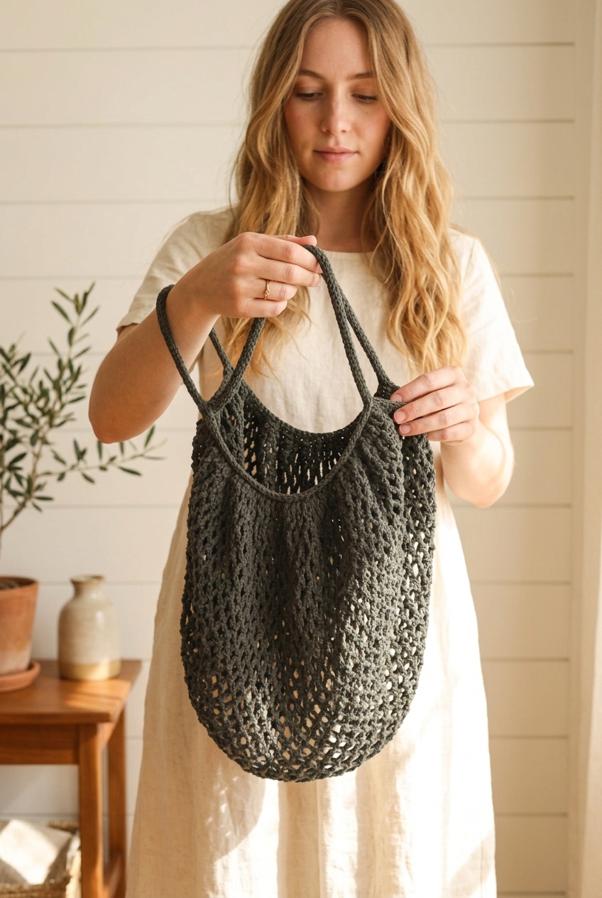 Finished charcoal mesh market crochet bag laying flat on a wooden table