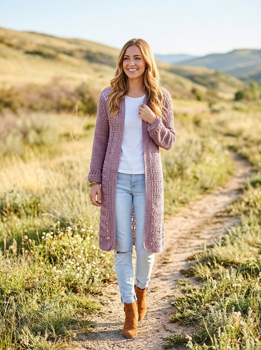 Mauve Verano longline lacy duster from our beginner crochet cardigan patterns
