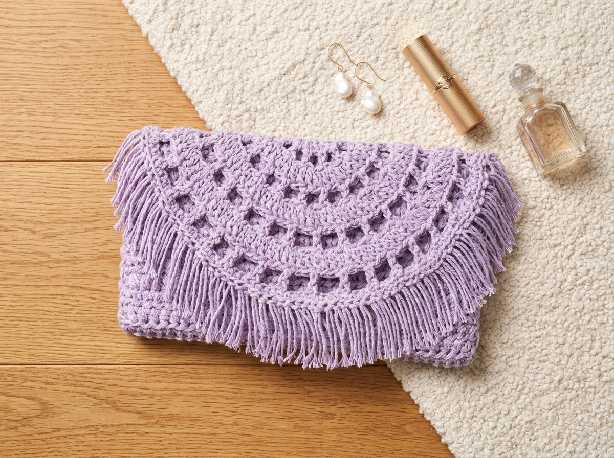 Finished lavender fringed crochet clutch bag pattern styled with pearl earrings and gold lipstick.