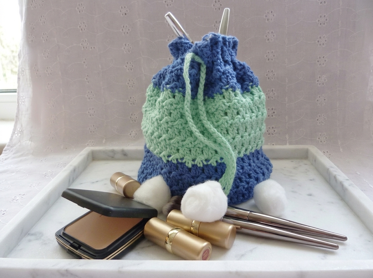 Ruffled top collar and mint drawstring cord threaded through the crochet makeup bag pattern on a marble tray.