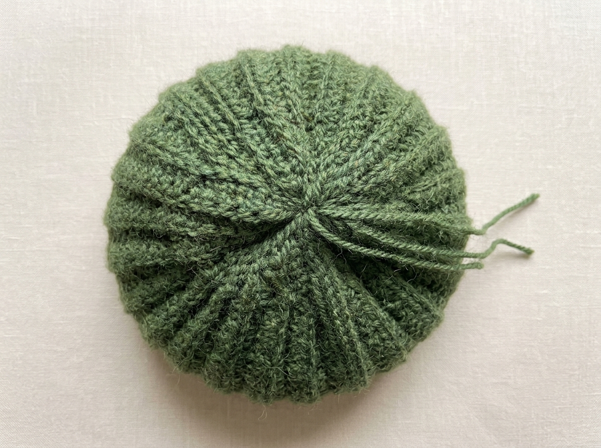Close-up of the tightly gathered no-bunch crown on the forest green crochet ribbed beanie secured with a double knot