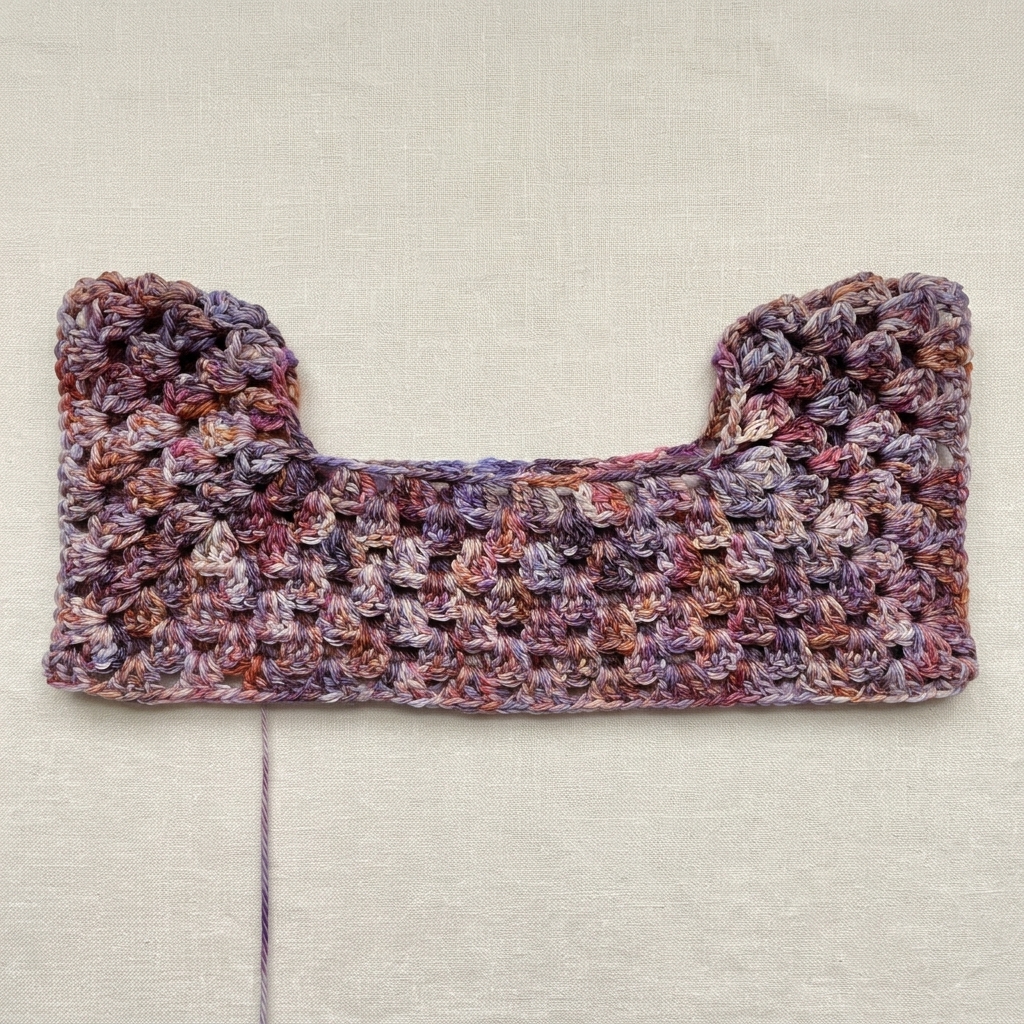 Crochet shrug bolero yoke after Round 7 showing both joined armholes and the cropped chest band