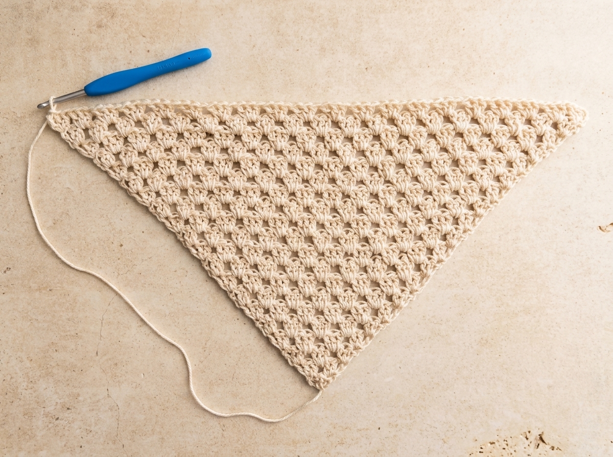 Completed 20 rows of main triangle for crochet bandana pattern before adding ties