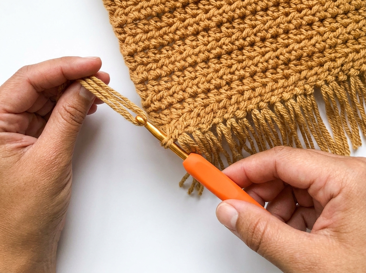 Pulling a folded loop of golden brown fringe yarn through the bottom stitch of the crochet crossbody bag pattern