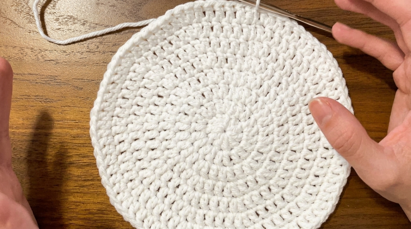 Flat circle after Round 8 with 80 stitches for a medium crochet bucket hat