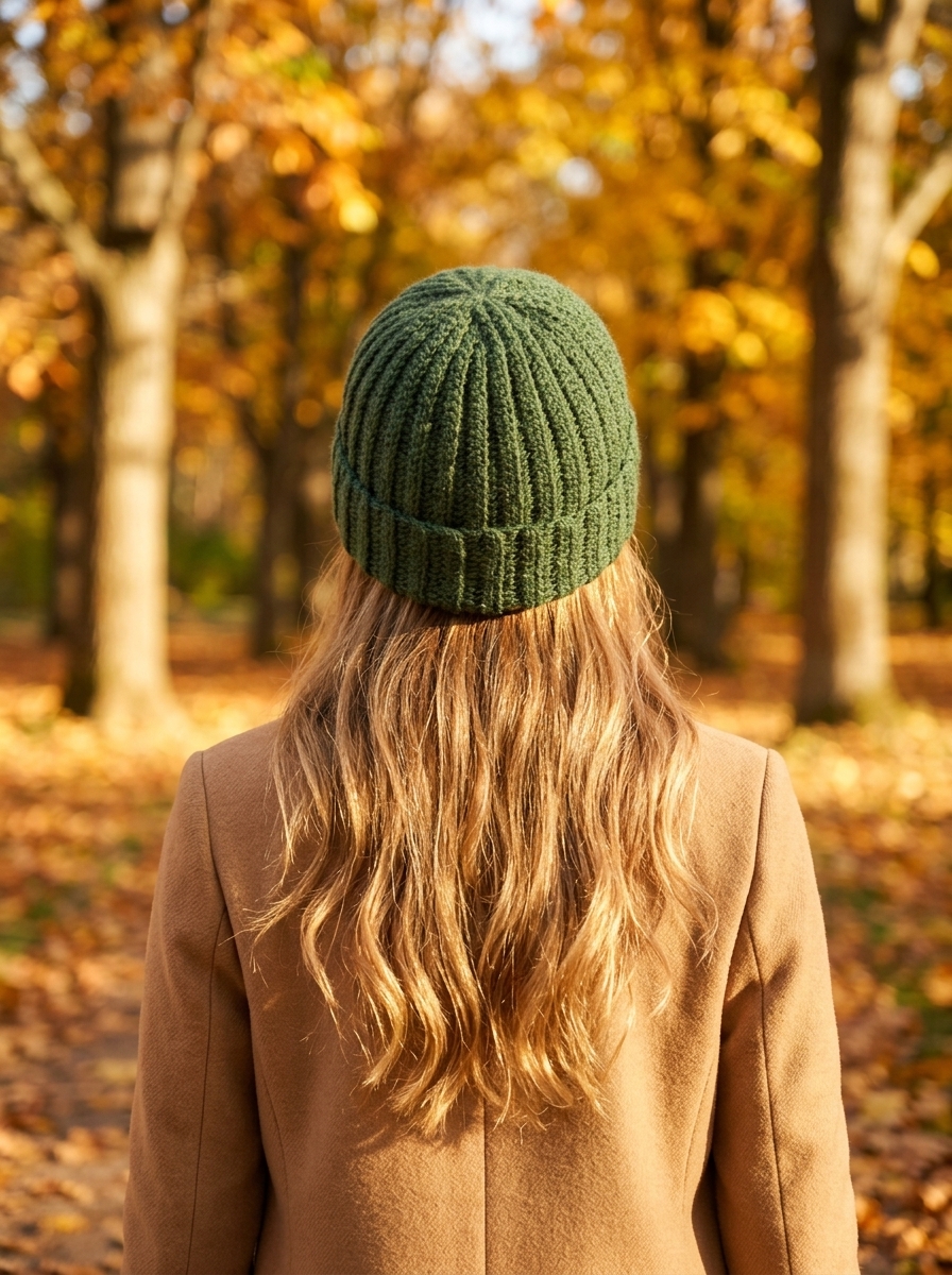 Back view of the forest green crochet ribbed beanie worn outdoors showing the smooth rounded crown without bunching