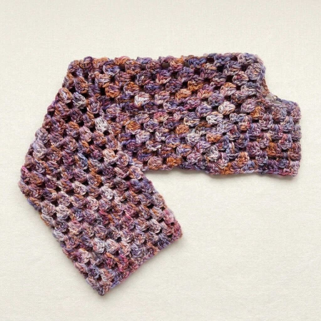 Crochet shrug bolero laid flat with the first 32-round variegated granny stitch sleeve completed