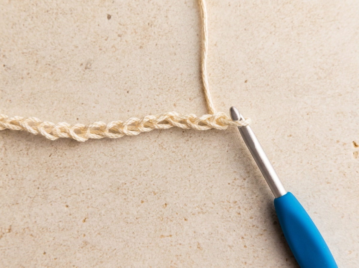 Crocheting a chain of 50 stitches to make the tie strap for the crochet bandana pattern