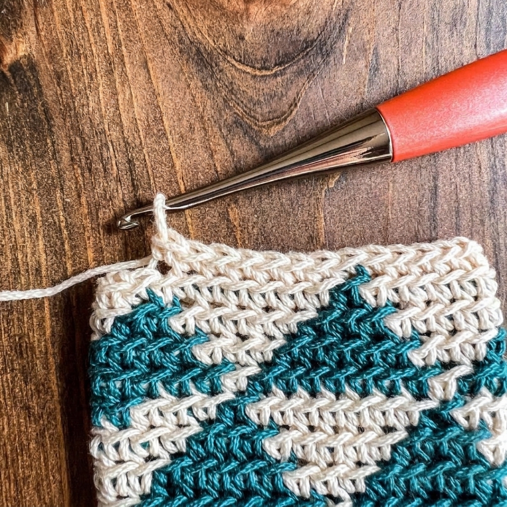 Step 1 of attaching strap on crochet phone pouch pattern with slip stitch at top corner