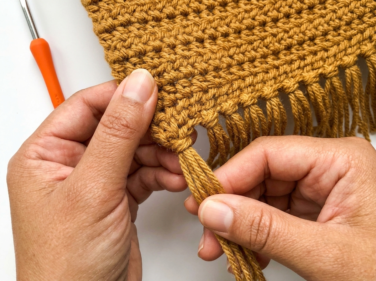 Tightening the four strand fringe knot along the bottom edge of the crochet crossbody bag pattern