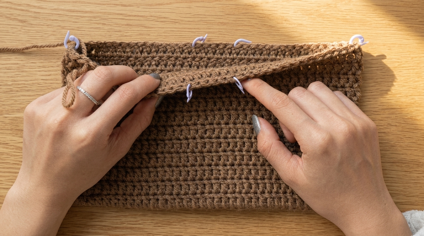 placing four purple stitch markers along the top edge of crochet shoulder bag