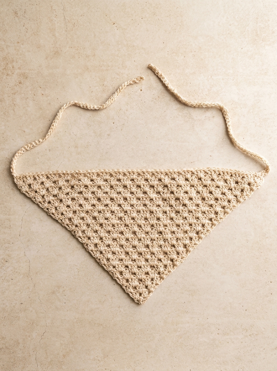 Finished and blocked cream cotton crochet bandana pattern showing 20 granny rows and two ties