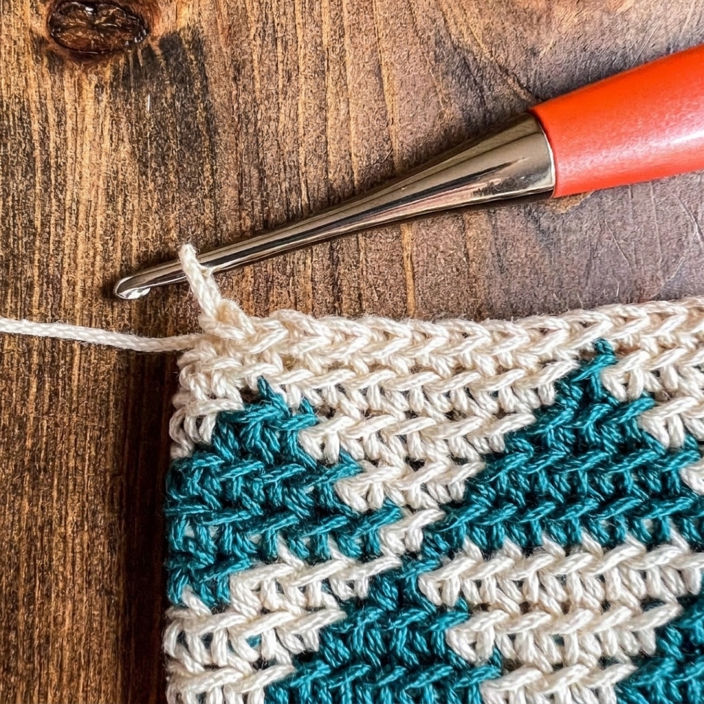Step 2 of attaching strap on crochet phone pouch pattern starting foundation chain at corner