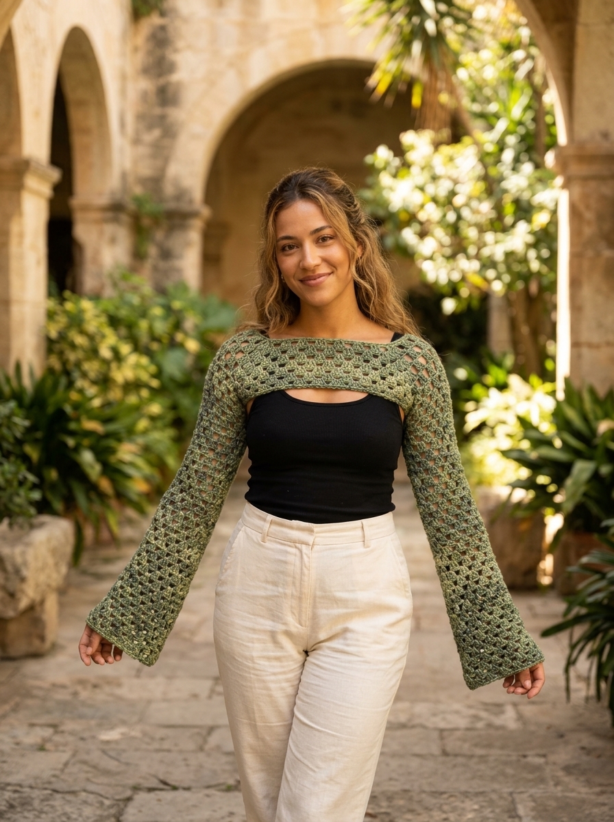 Woman in a sunlit courtyard wearing a moss green granny stitch crochet shrug bolero over a black tank top