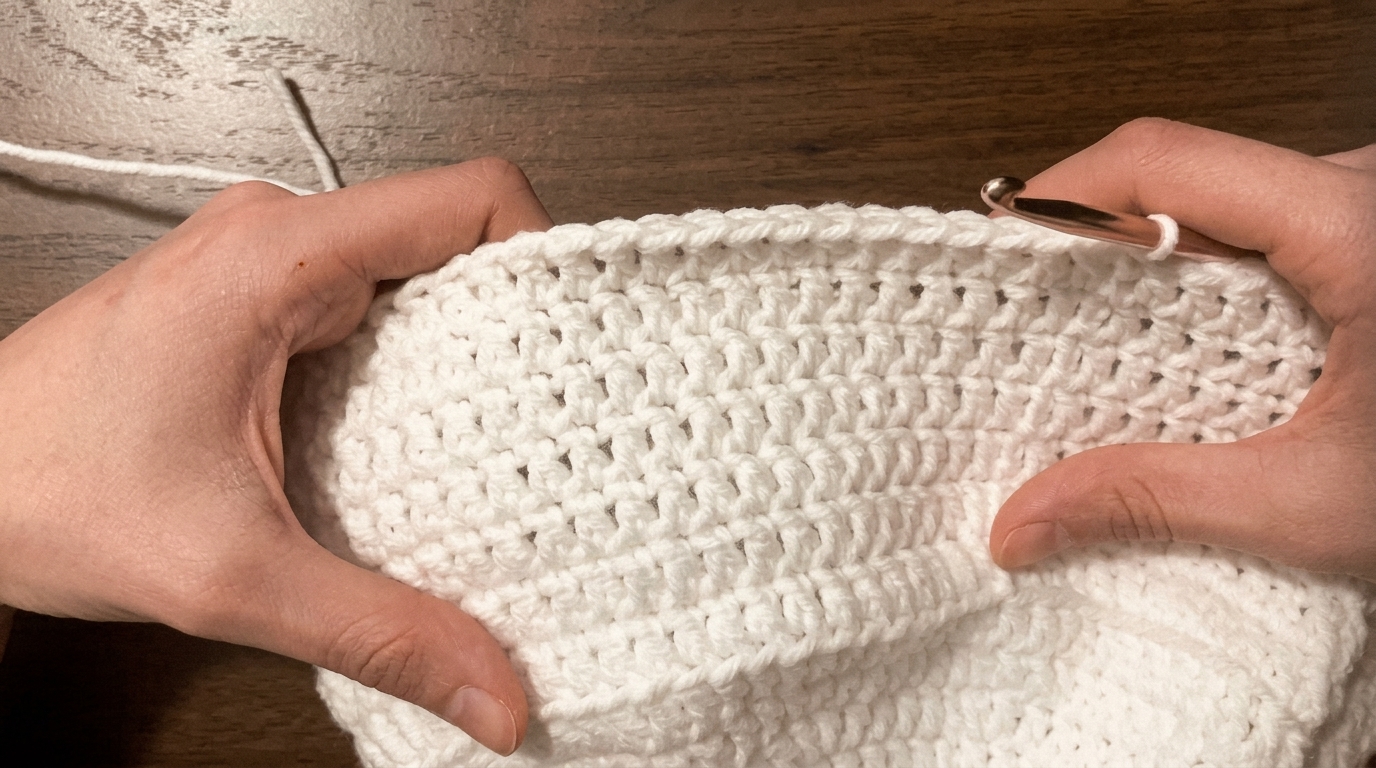 Completed Rounds 2 to 7 of the crochet bucket hat middle section