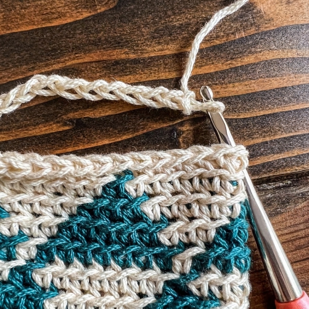 Step 3 of attaching strap on crochet phone pouch pattern joining chain to opposite side of bag
