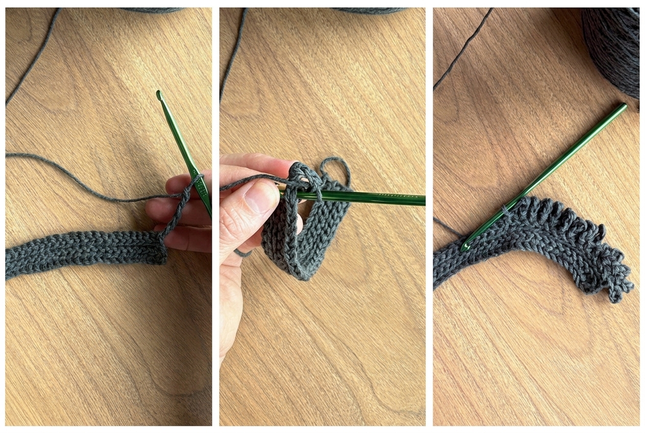 Crocheting Row 6 chain five arches across the starting slip stitch rectangle