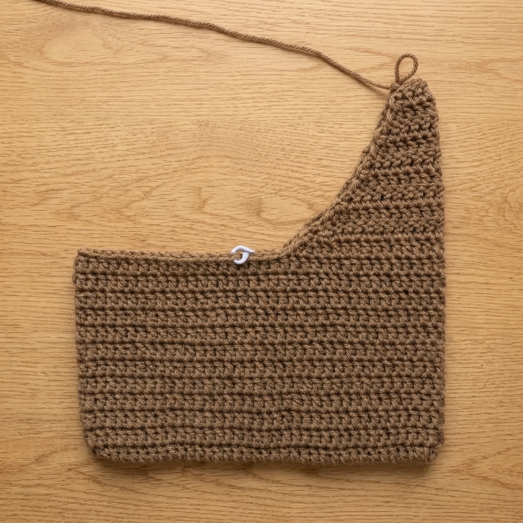 tapered crochet shoulder bag strap after completing row 10 down to 7 stitches