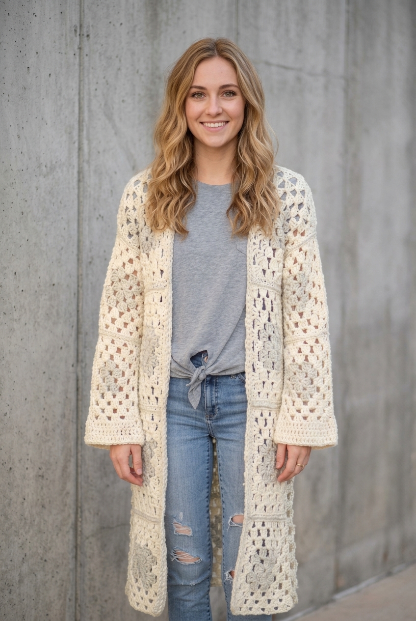 Cream and grey Arlo long granny square duster from our crochet cardigan patterns
