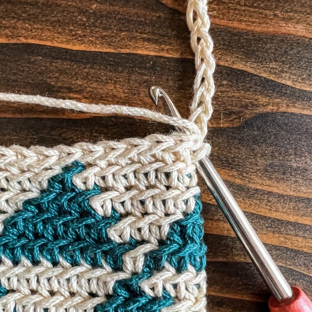 Step 4 of attaching strap on crochet phone pouch pattern working slip stitches back along strap chain