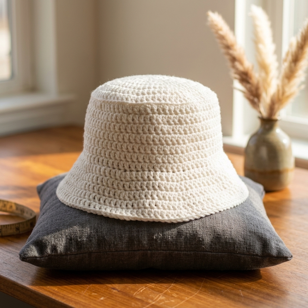 Finished white crochet bucket hat displaying its structured crown and straight brim