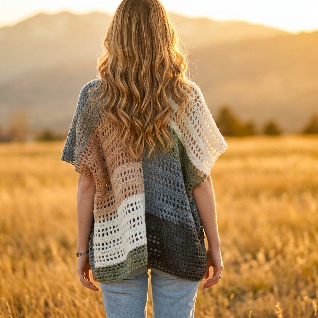 Color-blocked Barcelona summer kimono cardigan in open mesh stitches