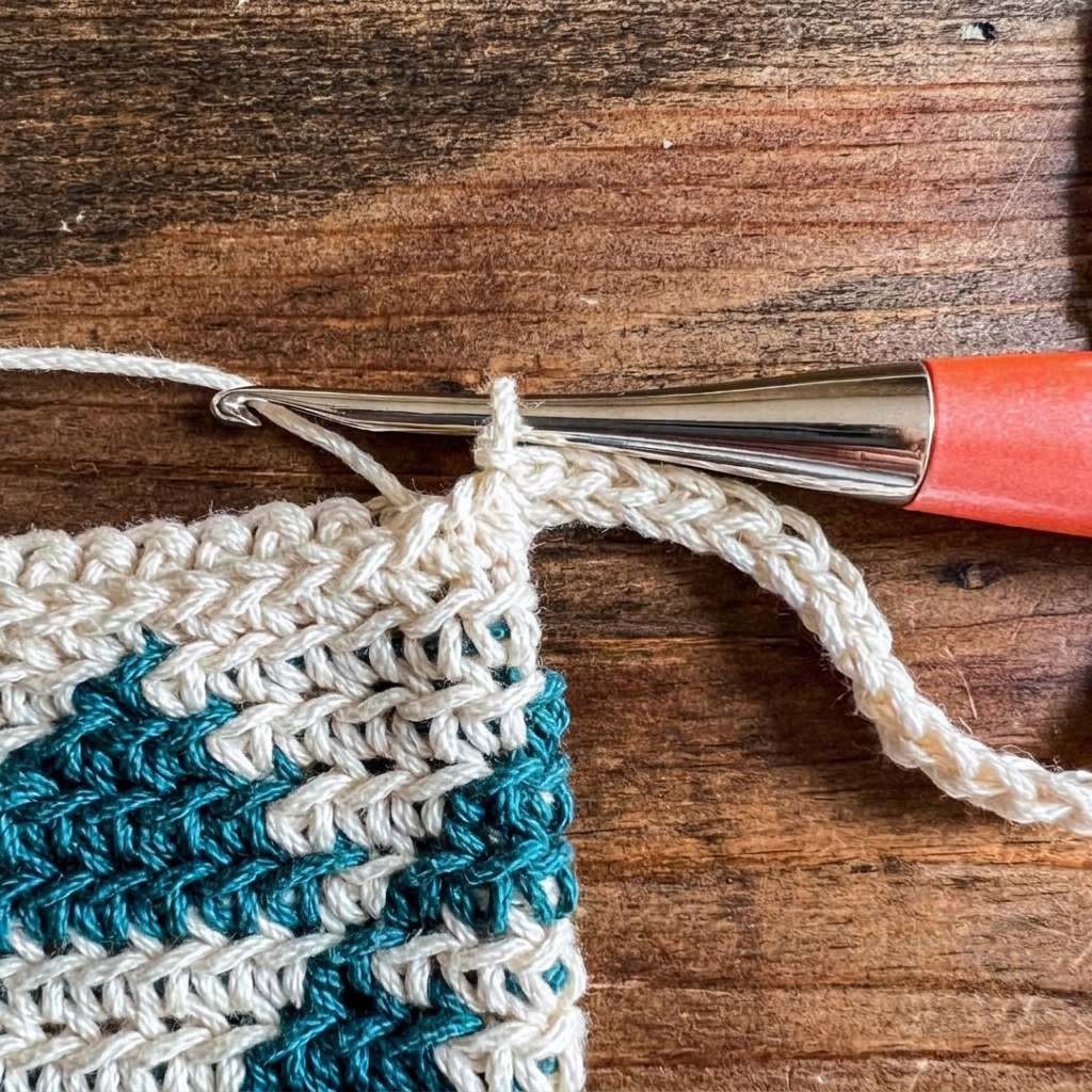 Step 5 of attaching strap on crochet phone pouch pattern anchoring completed strap with slip stitch