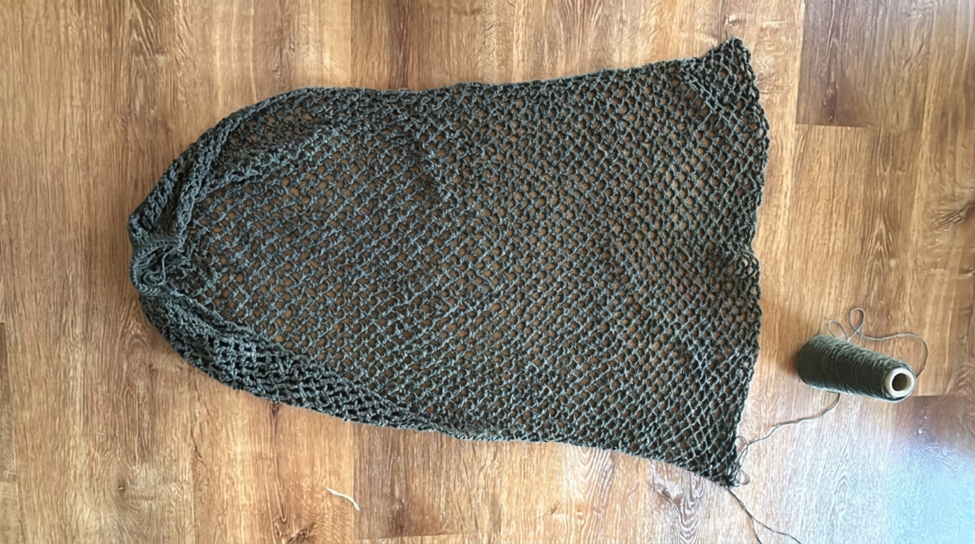 Completed rows of crochet mesh fabric laying flat on a table