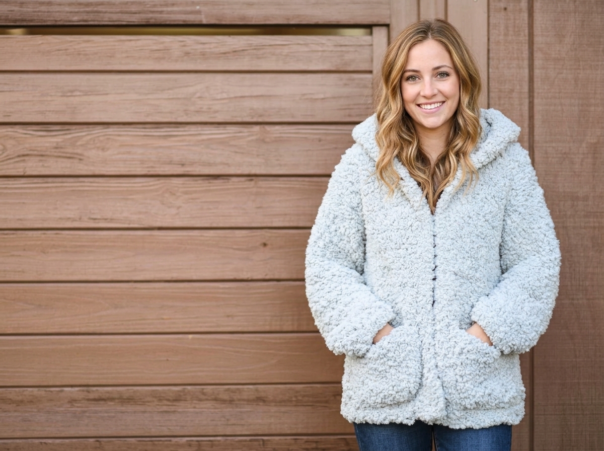 Plush white fleece Sherpa Coat jacket from our winter crochet cardigan patterns