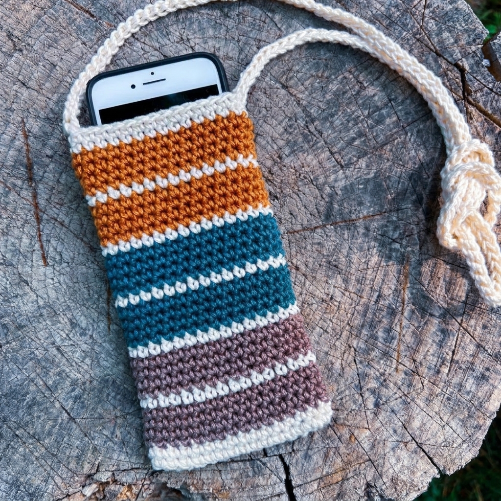 Finished striped crochet phone pouch pattern flat-lay with smartphone inside and knotted crossbody strap