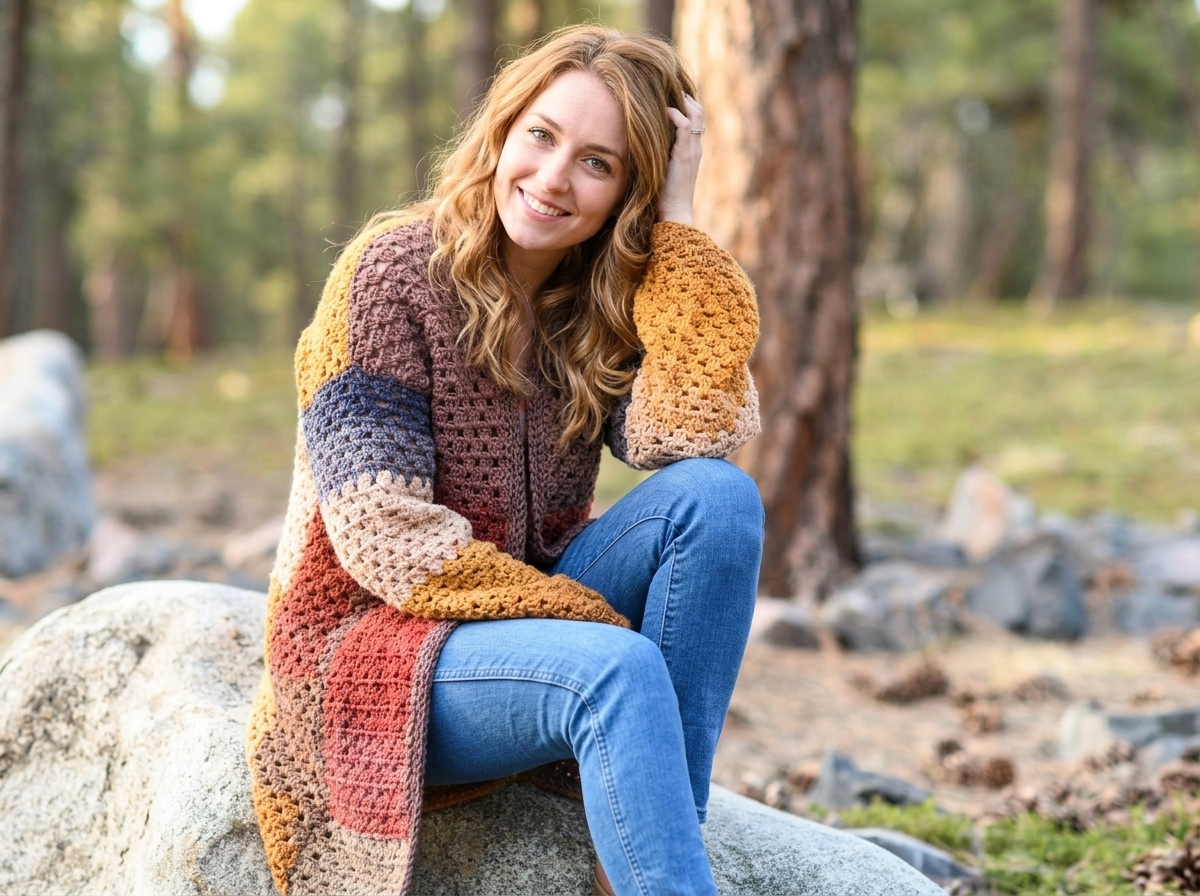 Multi-colored Endless Eyelets granny stitch cardigan in warm autumn tones
