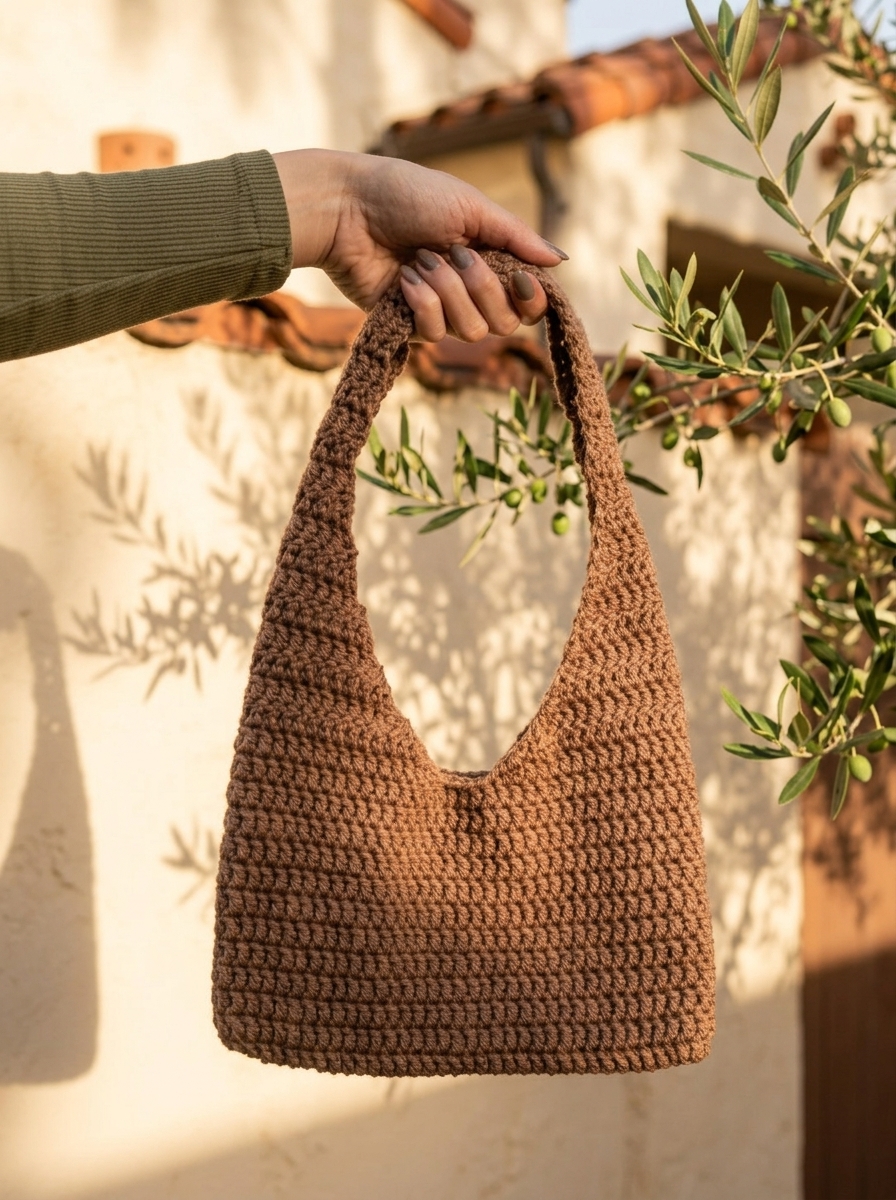finished simple crochet shoulder bag held by hand in golden sunlight