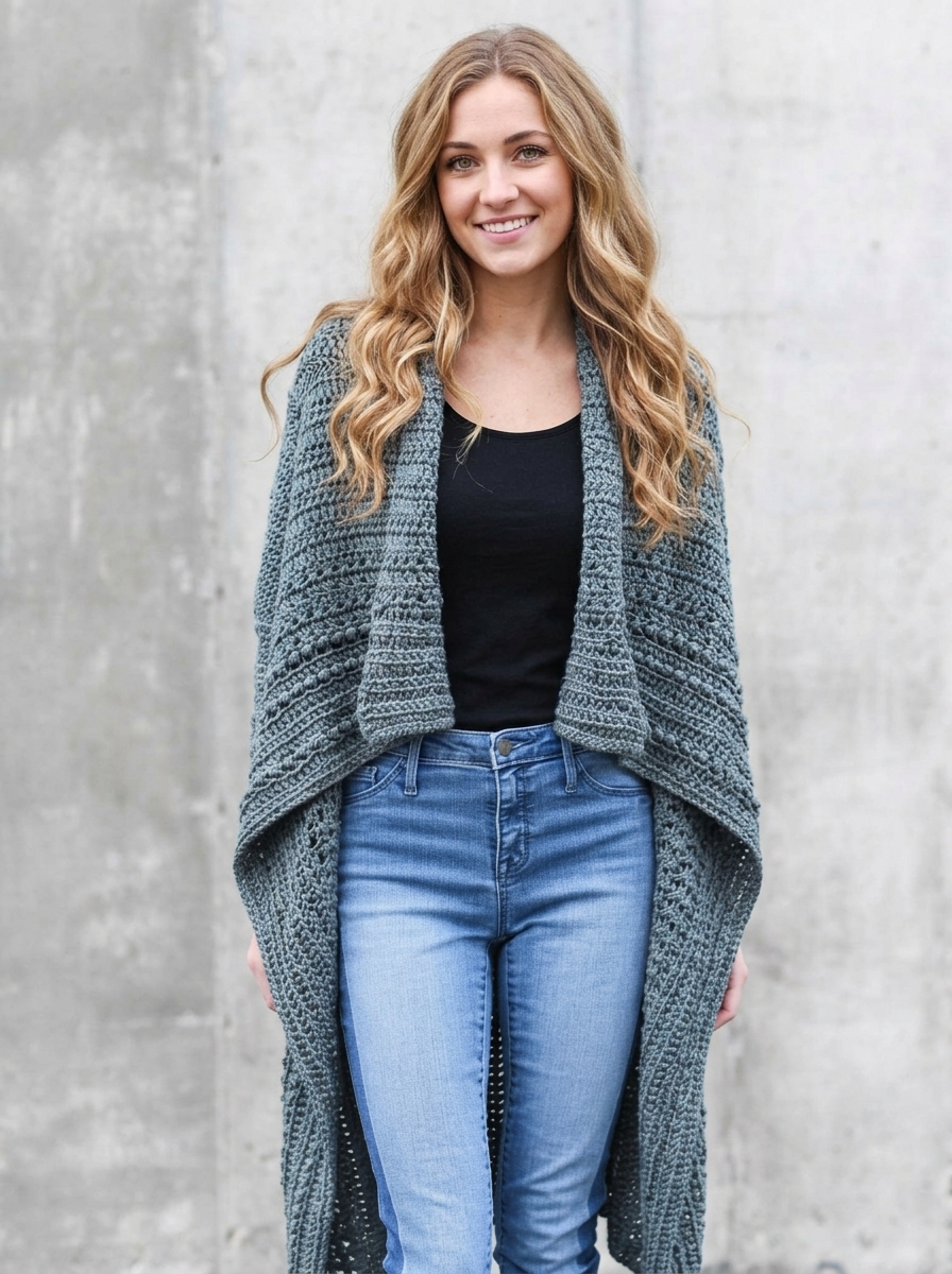 Slate grey textured boho waterfall sweater